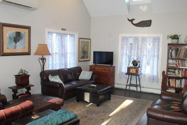 living room with lofted ceiling, an AC wall unit, a baseboard heating unit, and dark wood-type flooring