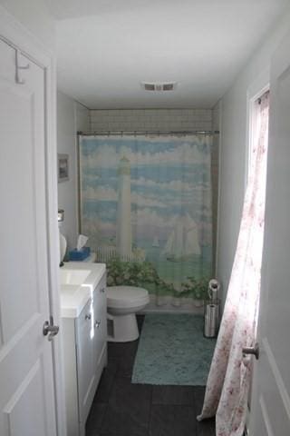 bathroom with toilet, walk in shower, and vanity