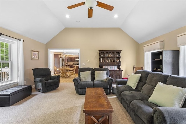 53 Arnold Way, Uxbridge, MA 01569 - living area with ceiling fan, a chandelier, and vaulted ceiling