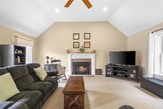 53 Arnold Way, Uxbridge, MA 01569 - carpeted living room with a ceiling fan, vaulted ceiling, and a fireplace