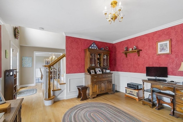 53 Arnold Way, Uxbridge, MA 01569 - office featuring a chandelier, light wood-type flooring, a wainscoted wall, and wallpapered walls
