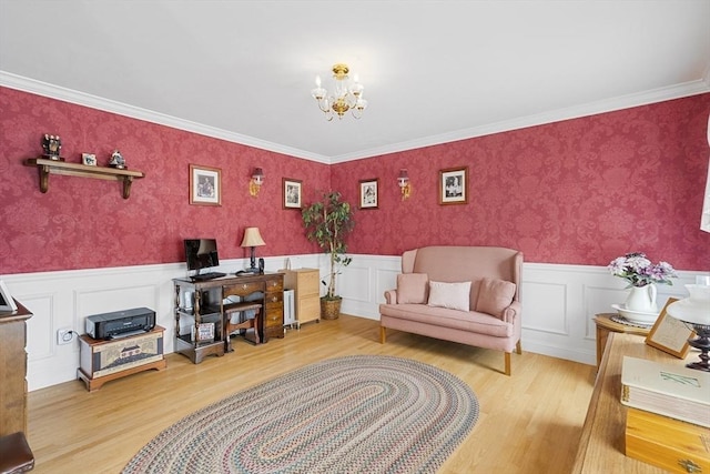 53 Arnold Way, Uxbridge, MA 01569 - home office featuring a wainscoted wall, wood finished floors, a chandelier, and wallpapered walls