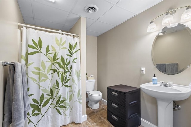53 Arnold Way, Uxbridge, MA 01569 - bathroom featuring tile patterned floors, curtained shower, and a paneled ceiling