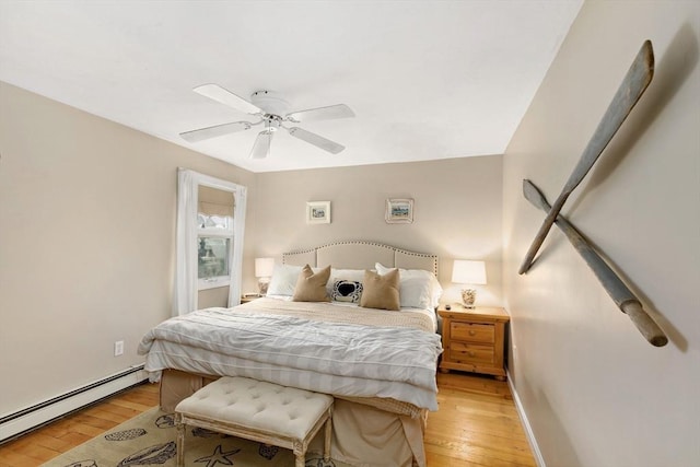 125 Seaview Dr, Plymouth, MA 02360 - bedroom featuring a baseboard radiator, baseboards, a ceiling fan, and light wood finished floors