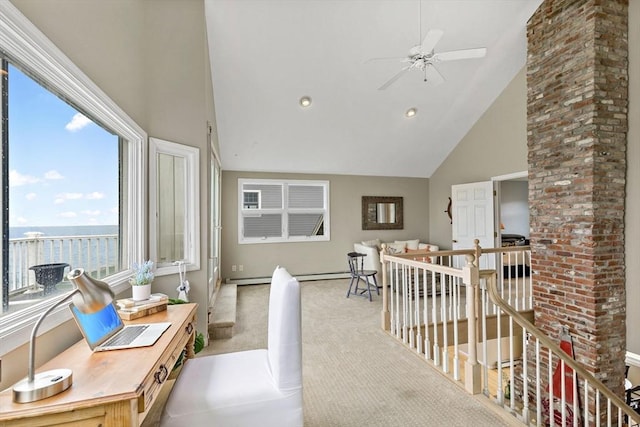 125 Seaview Dr, Plymouth, MA 02360 - interior space with a baseboard radiator, carpet, a water view, and high vaulted ceiling