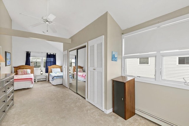 125 Seaview Dr, Plymouth, MA 02360 - bedroom with light colored carpet, lofted ceiling, baseboard heating, and ceiling fan
