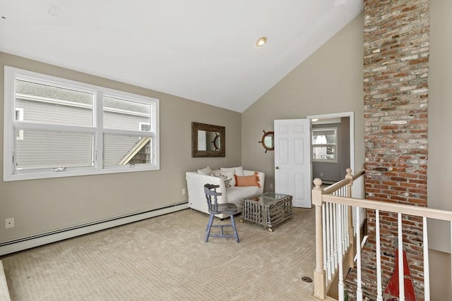 125 Seaview Dr, Plymouth, MA 02360 - unfurnished room featuring high vaulted ceiling, an upstairs landing, carpet floors, and a baseboard radiator