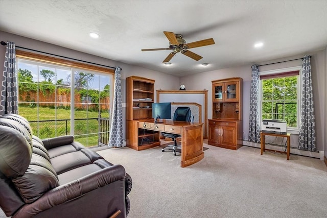 447 Coy Hill Rd, Warren, MA 01083 - office space featuring a ceiling fan, light carpet, recessed lighting, and a baseboard heating unit