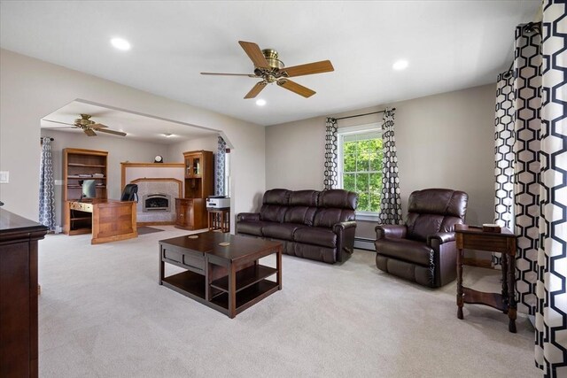 447 Coy Hill Rd, Warren, MA 01083 - living area with a fireplace, a ceiling fan, carpet flooring, a baseboard heating unit, and recessed lighting