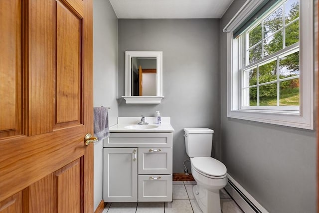 447 Coy Hill Rd, Warren, MA 01083 - half bath with tile patterned flooring, vanity, toilet, baseboard heating, and baseboards