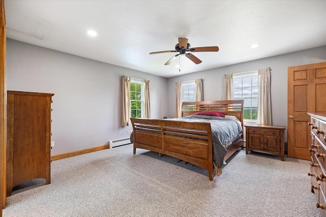 447 Coy Hill Rd, Warren, MA 01083 - bedroom featuring light carpet, recessed lighting, baseboards, a baseboard heating unit, and ceiling fan