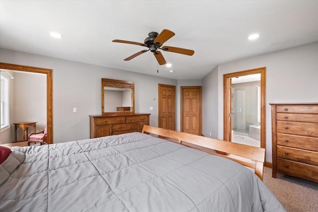 447 Coy Hill Rd, Warren, MA 01083 - bedroom featuring recessed lighting, carpet, connected bathroom, and a ceiling fan