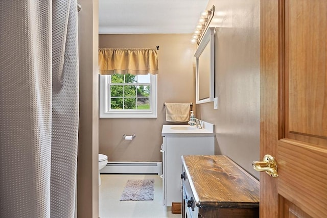 447 Coy Hill Rd, Warren, MA 01083 - full bath with baseboard heating, vanity, toilet, and a shower with curtain
