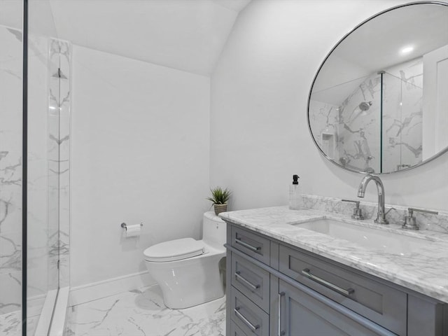 55 June Ln, Newton, MA 02459 - bathroom featuring marble look tiles, toilet, vanity, and a marble finish shower
