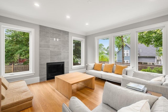 2 Rockwood Ter Unit 2, Newton, MA 02466 - living area with ornamental molding, light wood-style flooring, a fireplace, and recessed lighting