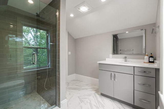 2 Rockwood Ter Unit 2, Newton, MA 02466 - full bathroom with marble look tiles, vanity, a stall shower, recessed lighting, and baseboards