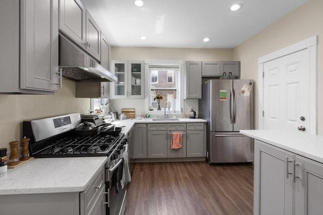 130 Glenville Ave, Boston, MA 02134 - kitchen featuring appliances with stainless steel finishes, gray cabinets, under cabinet range hood, dark wood-type flooring, and recessed lighting