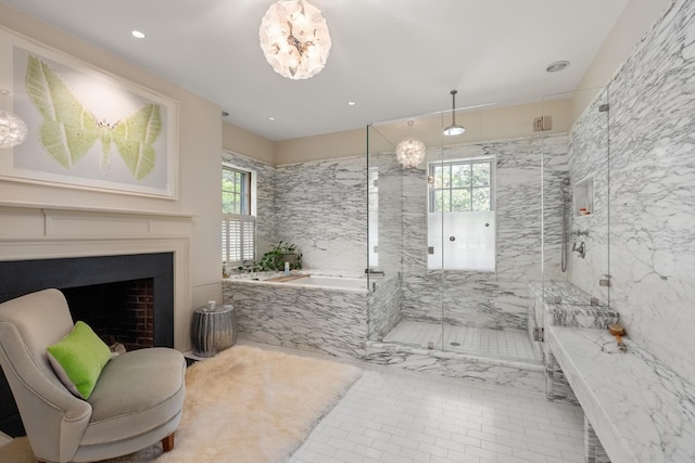 bathroom featuring tile floors and plus walk in shower