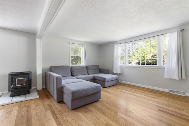 7 Cornish St, Carver, MA 02330 - living area with light wood-style flooring, a textured ceiling, baseboards, and a wood stove