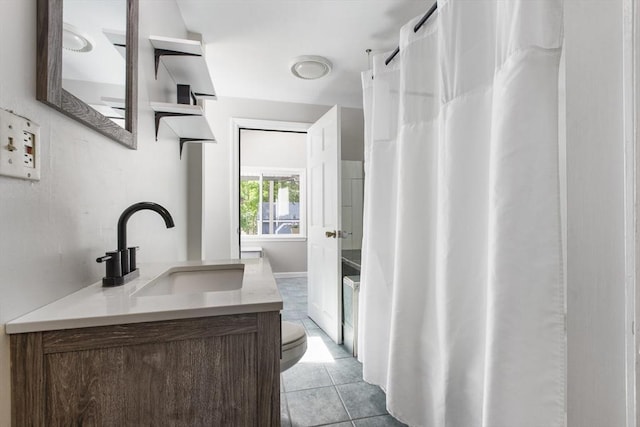 7 Cornish St, Carver, MA 02330 - bathroom with vanity, tile patterned floors, toilet, and a shower with shower curtain