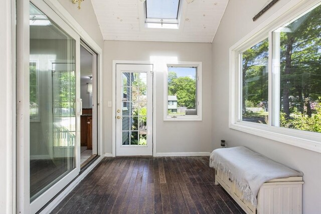 7 Cornish St, Carver, MA 02330 - doorway to outside with dark wood finished floors, baseboards, lofted ceiling, and a skylight