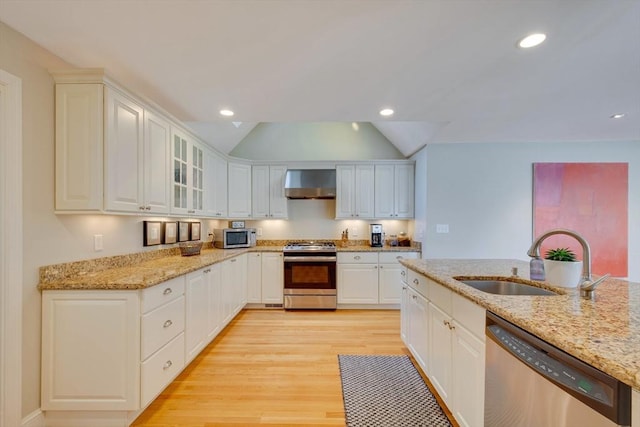 kitchen with light wood-style flooring, glass insert cabinets, stainless steel appliances, wall chimney range hood, and a sink