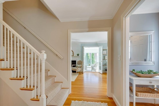 interior space featuring baseboards, a fireplace, wood finished floors, and crown molding