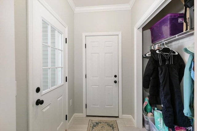 mudroom featuring crown molding