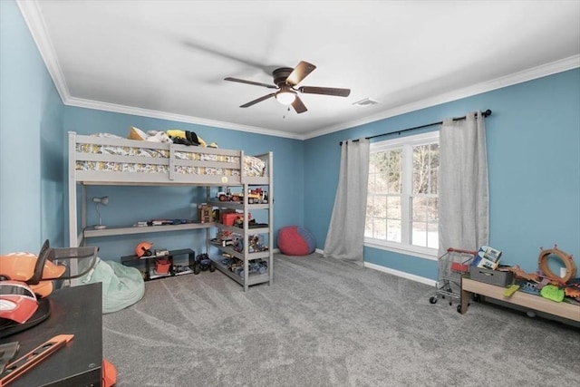 bedroom featuring ceiling fan, ornamental molding, and carpet flooring