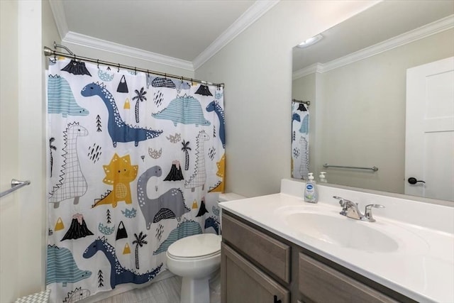 bathroom with toilet, crown molding, curtained shower, and vanity