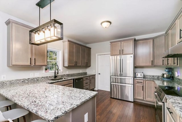 kitchen with kitchen peninsula, stainless steel appliances, sink, a breakfast bar area, and pendant lighting