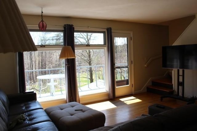interior space featuring stairs, wood finished floors, and a wealth of natural light