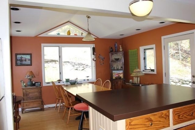 kitchen featuring decorative light fixtures, a healthy amount of sunlight, light wood-style flooring, and a kitchen bar