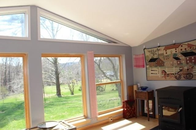 doorway featuring lofted ceiling