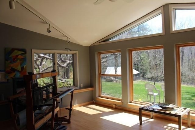 sunroom featuring rail lighting