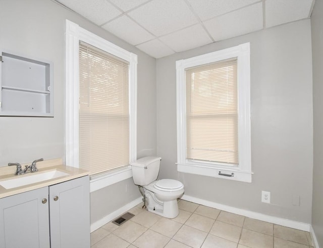 bathroom with a paneled ceiling, tile patterned flooring, vanity, and toilet