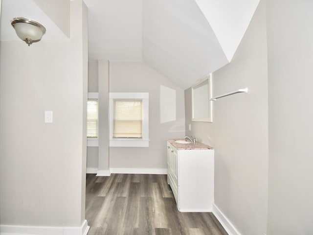 walk in closet featuring sink, dark wood-type flooring, and lofted ceiling