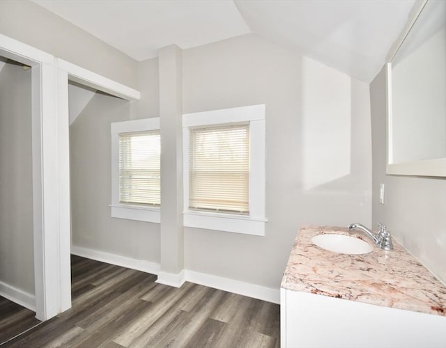 bathroom featuring hardwood / wood-style flooring, vanity, and vaulted ceiling