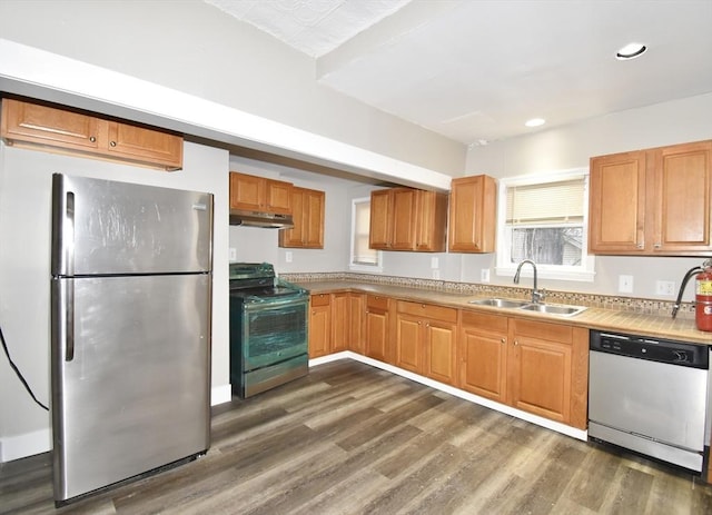 kitchen featuring sink, dark hardwood / wood-style floors, and appliances with stainless steel finishes