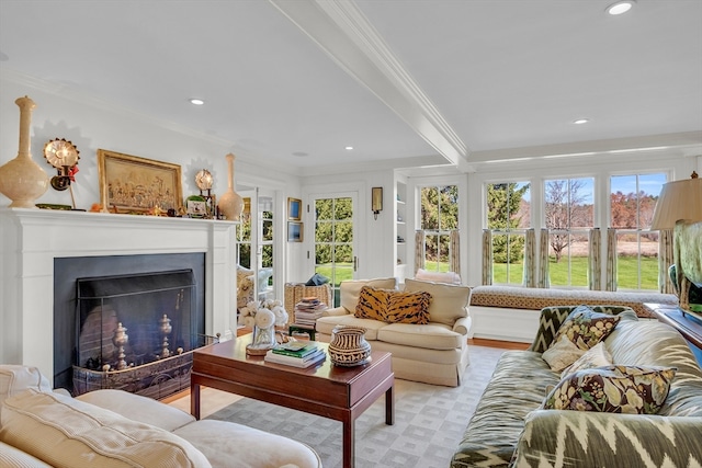 living room with beam ceiling and crown molding