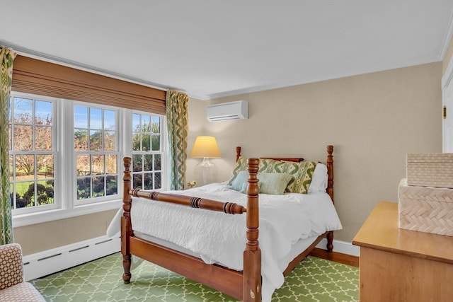 bedroom with hardwood / wood-style floors, a wall mounted AC, a baseboard radiator, and ornamental molding