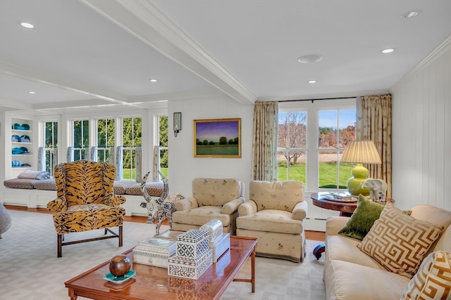 living room with a baseboard heating unit and ornamental molding