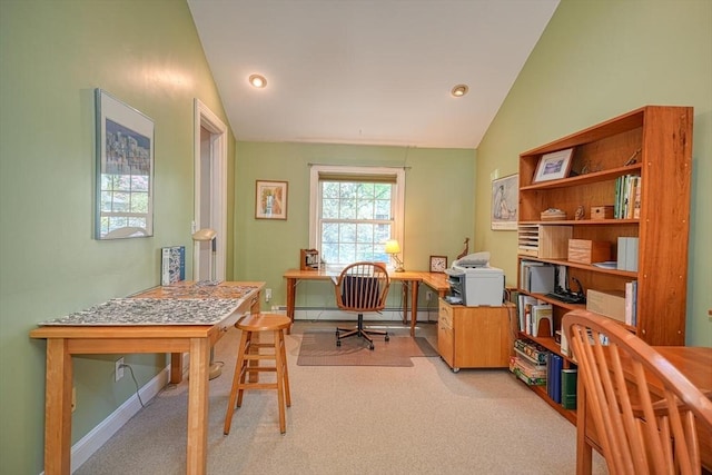 carpeted home office featuring baseboards, a baseboard radiator, lofted ceiling, and recessed lighting