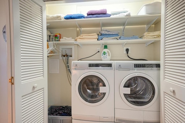 clothes washing area featuring laundry area and washing machine and clothes dryer