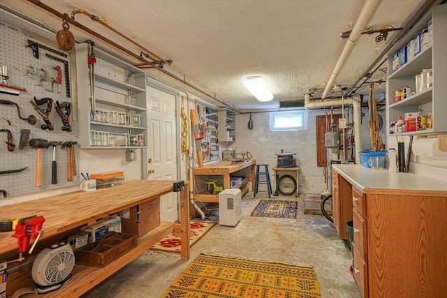 basement with a workshop area