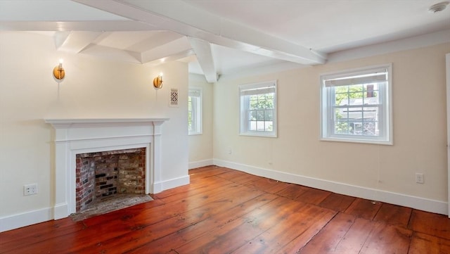 141 State St Unit 2, Newburyport, MA 01950 - unfurnished living room featuring beam ceiling, baseboards, hardwood / wood-style flooring, and a fireplace with flush hearth
