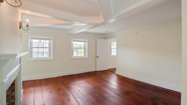 141 State St Unit 2, Newburyport, MA 01950 - unfurnished living room featuring a fireplace, hardwood / wood-style flooring, baseboards, and beam ceiling