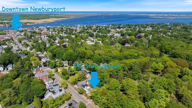 141 State St Unit 2, Newburyport, MA 01950 - aerial view of property and surrounding area featuring a nearby body of water and a heavily wooded area