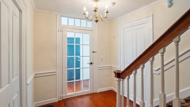 141 State St Unit 2, Newburyport, MA 01950 - doorway featuring hardwood / wood-style floors, a chandelier, stairway, crown molding, and baseboards