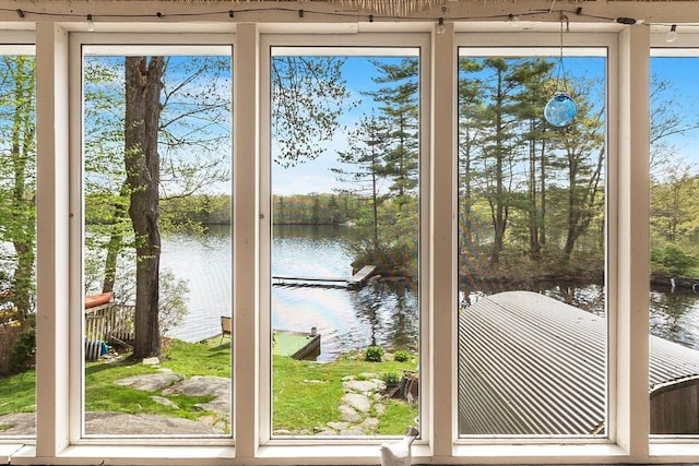 entryway with a water view, healthy amount of natural light, and view of scattered trees